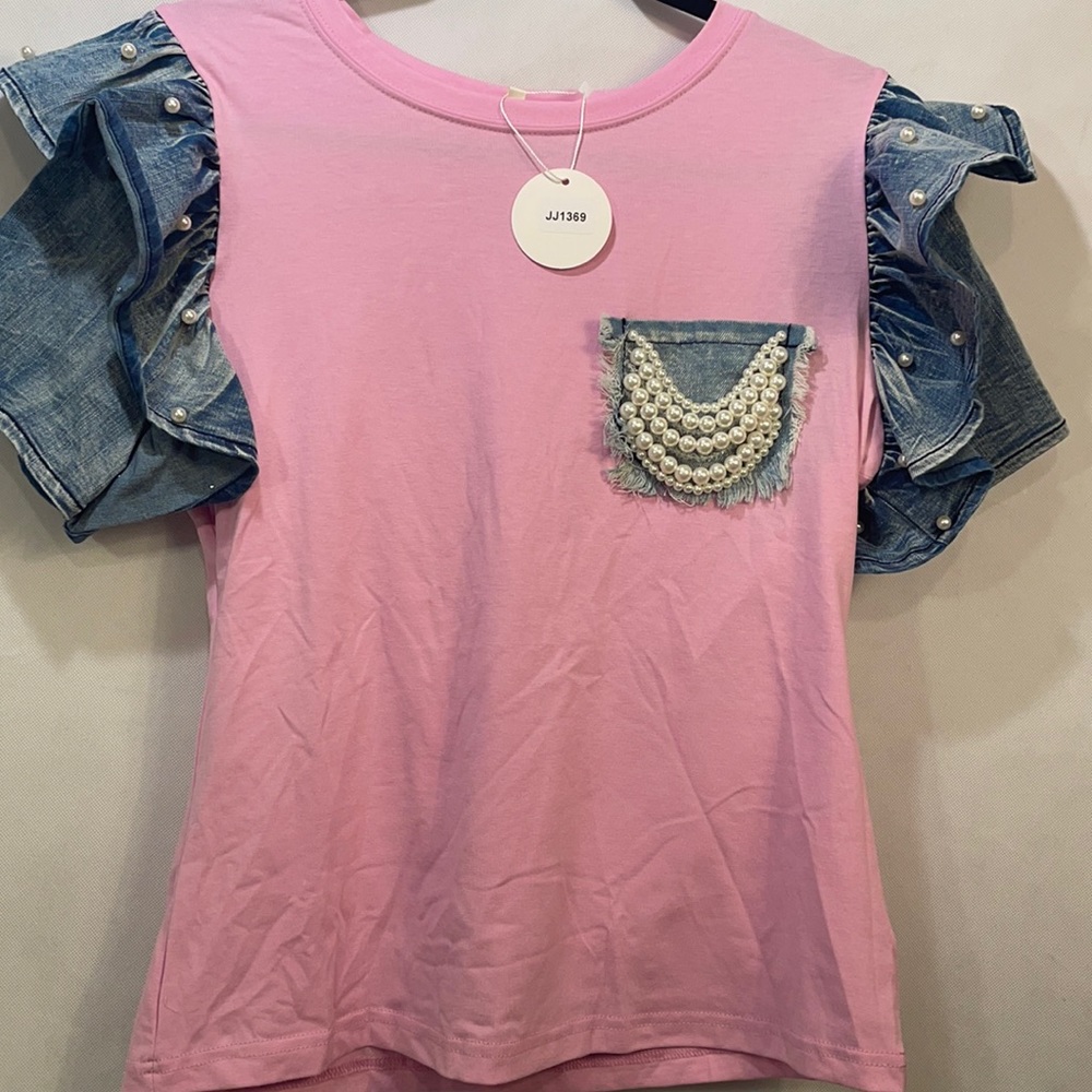 Pastel Pink Rhinestone Blouse w/Pocket Jewel